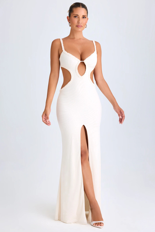 Ruffle-Appliqué Cut-Out Maxi Dress in White - Size:L